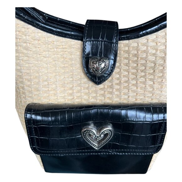 Raffa Straw & Black Crocodile Animal Print Vegan Leather Handbag Silver Hearts - Picture 5 of 13